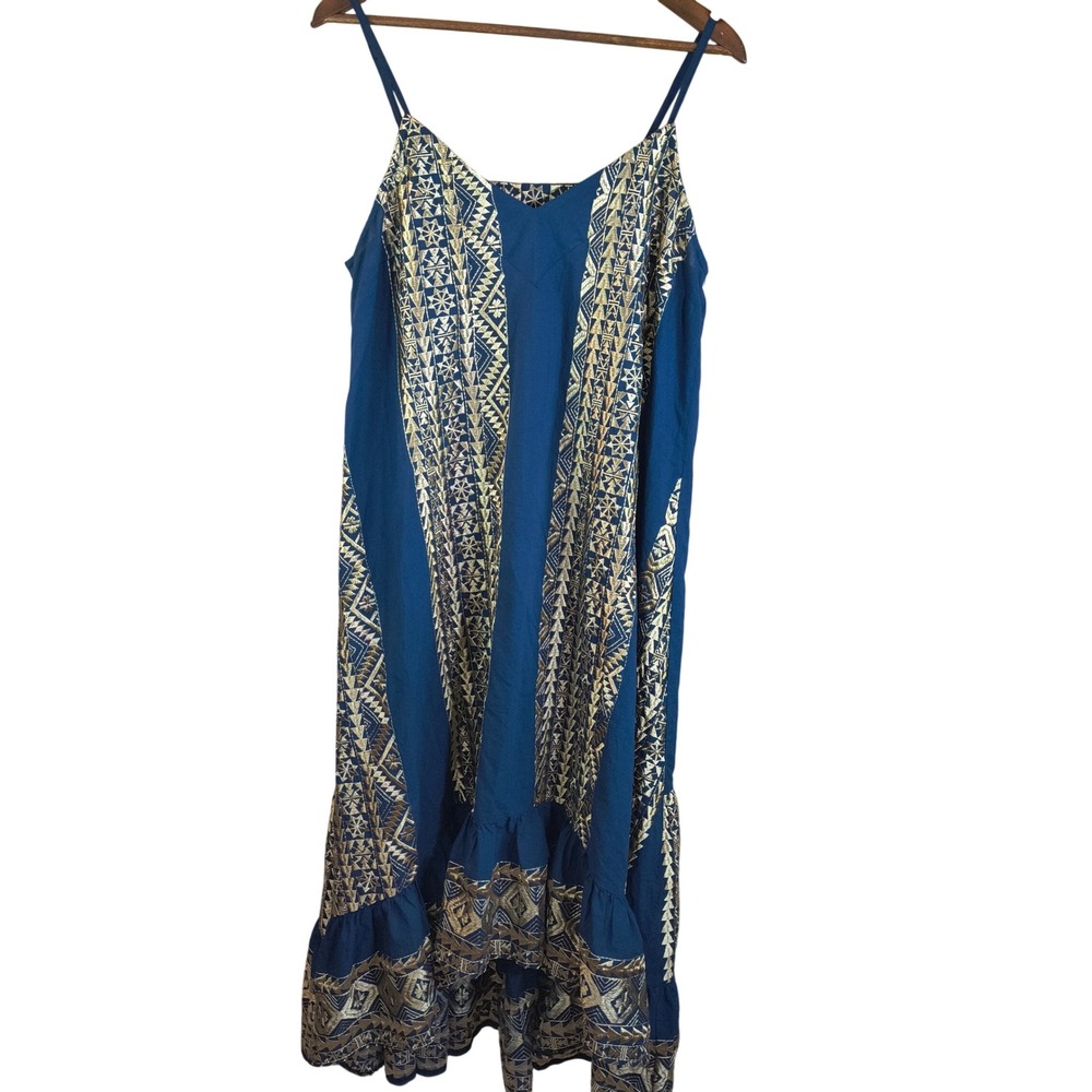 Blue Printed Midi Dress with Strappy Shoulders